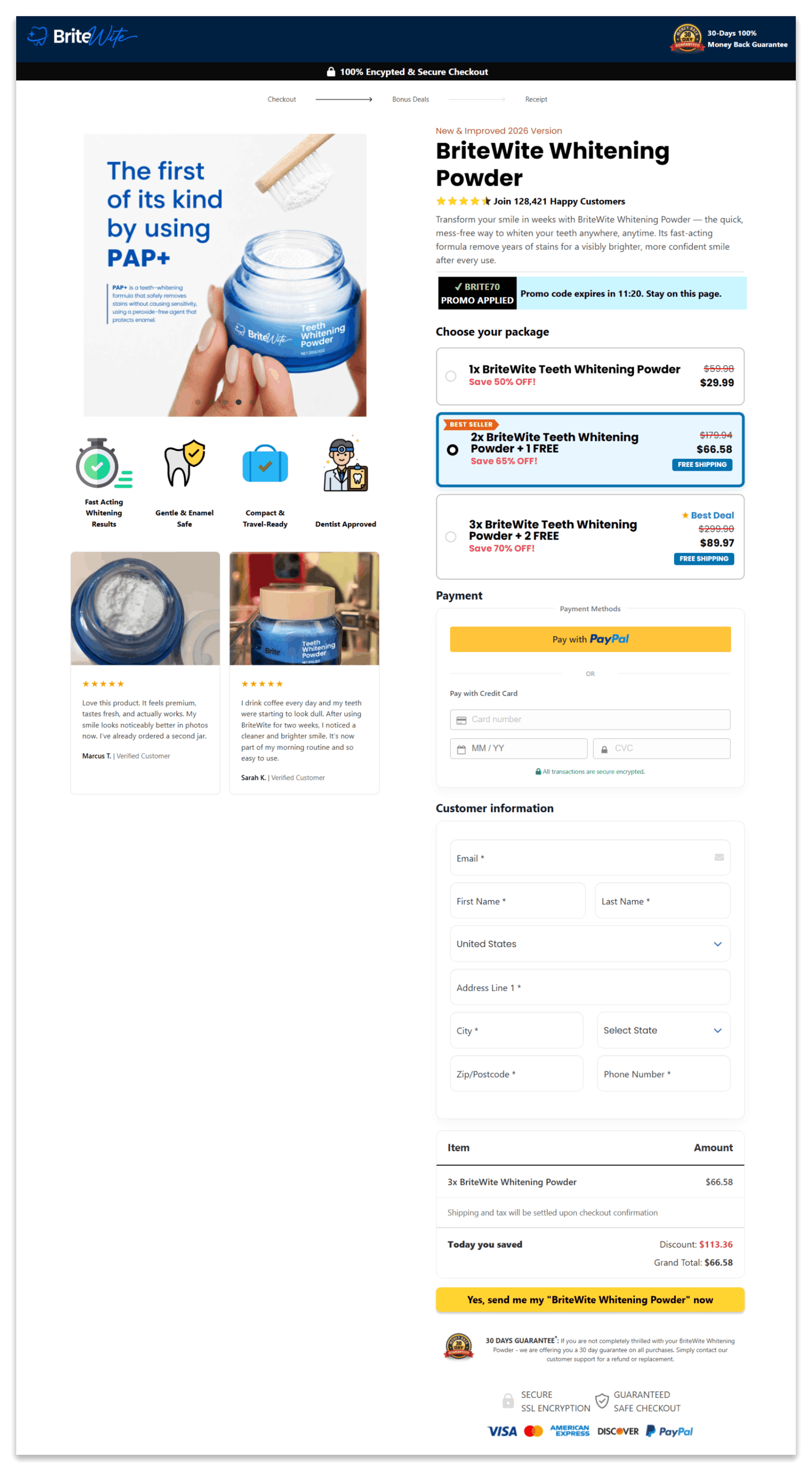 BriteWite Whitening Powder checkout page